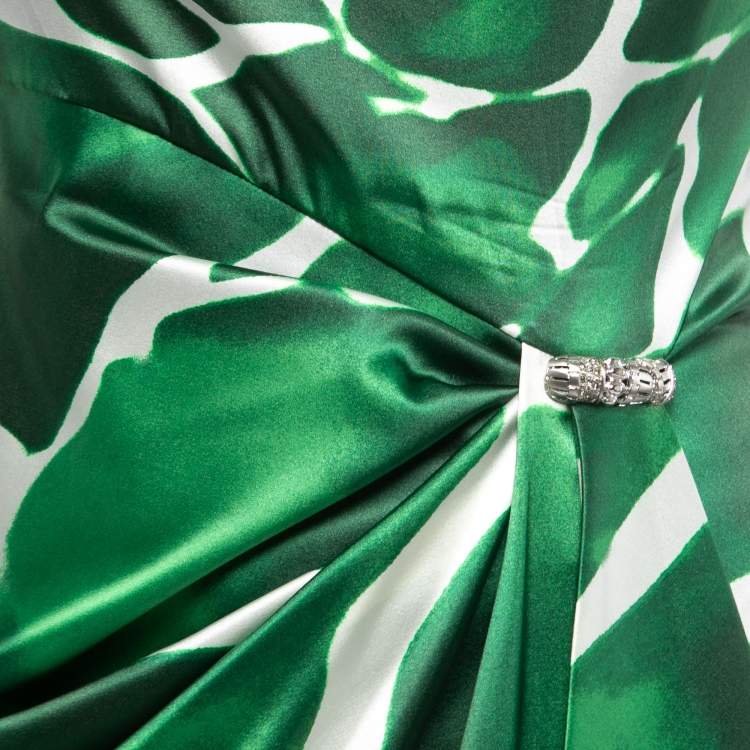 Pre Owned Roberto Cavalli Green Printed Satin Silk Faux Wrap One Shoulder Mini Dress M