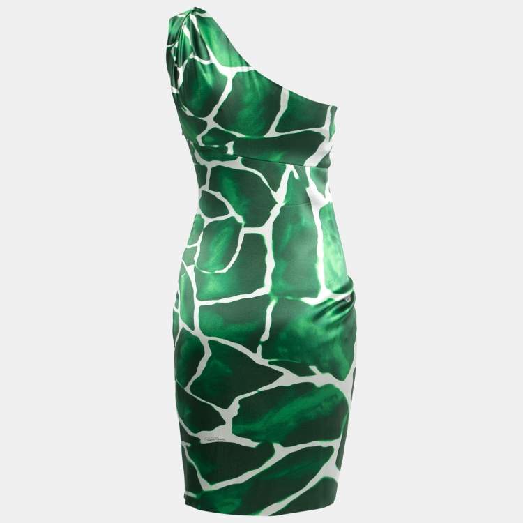 Pre Owned Roberto Cavalli Green Printed Satin Silk Faux Wrap One Shoulder Mini Dress M