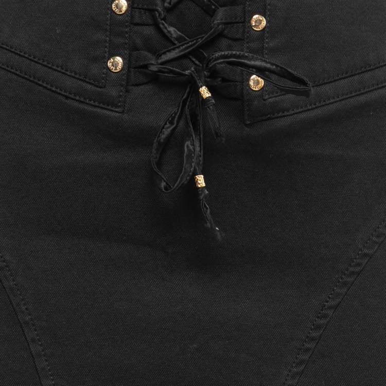 Pre Owned Roberto Cavalli Black Denim Tie Detail Fitted Maxi Skirt M