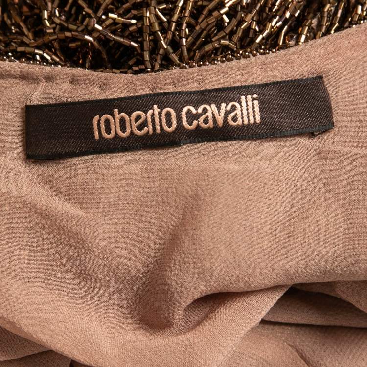 Pre Owned Roberto Cavalli Ombre Gold Beads Embellished Silk Sleeveless Mini Dress S