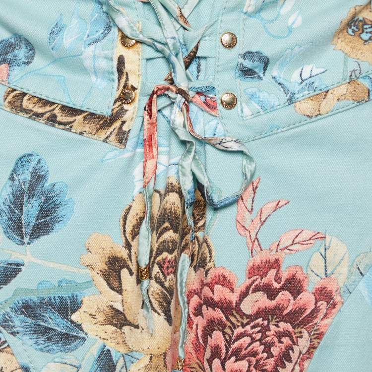 Pre Owned Roberto Cavalli Sea Green Floral Printed Denim Tie Detail Fitted Maxi Skirt L