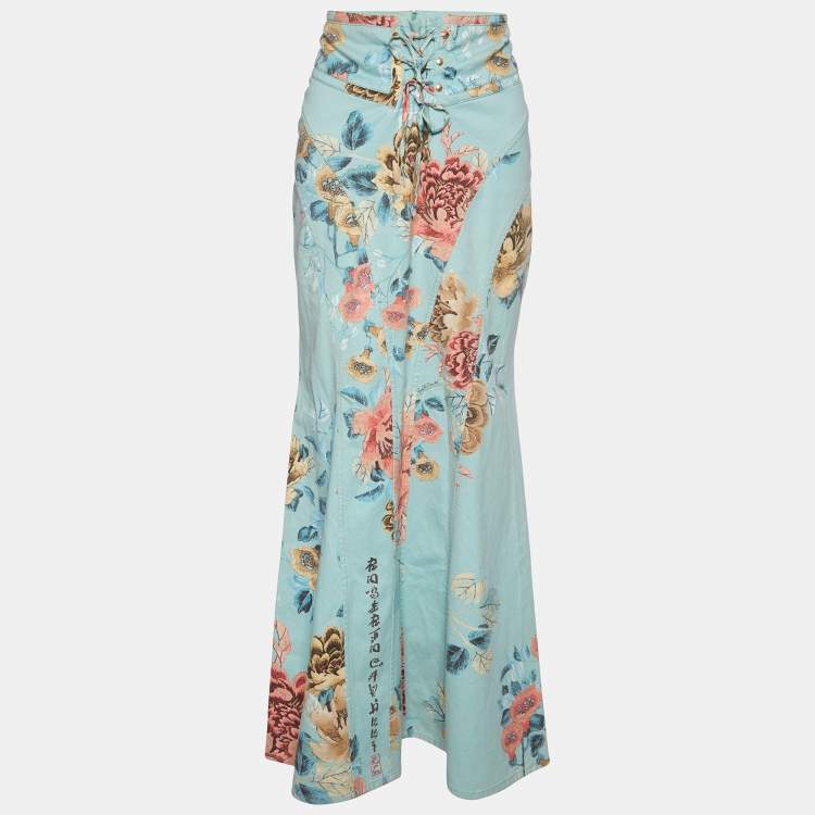 Pre Owned Roberto Cavalli Sea Green Floral Printed Denim Tie Detail Fitted Maxi Skirt L