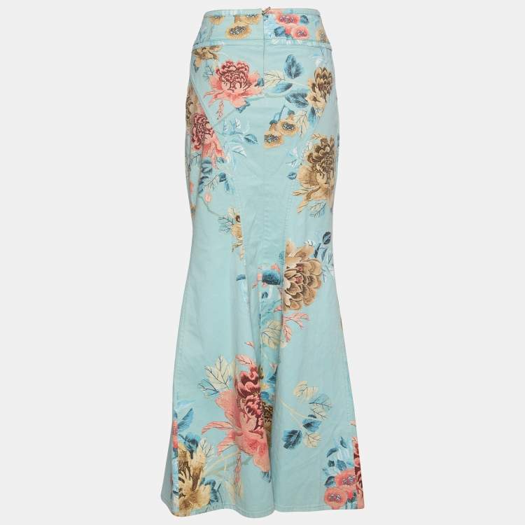 Pre Owned Roberto Cavalli Sea Green Floral Printed Denim Tie Detail Fitted Maxi Skirt L