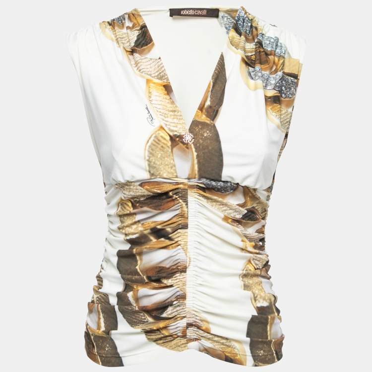مملوكة مسبقًا Roberto Cavalli Cream Printed Jersey V-Neck Ruched Sleeveless Top L