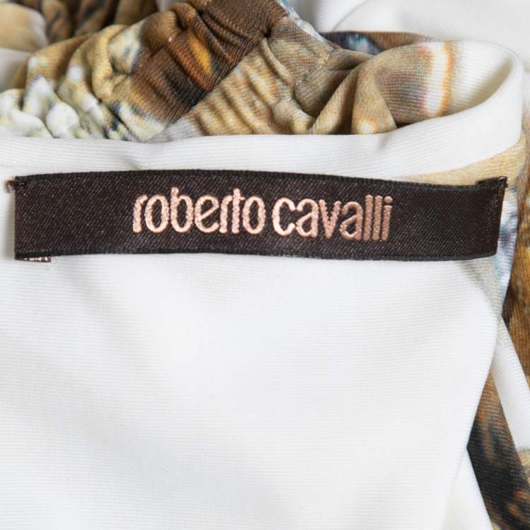 مملوكة مسبقًا Roberto Cavalli Cream Printed Jersey V-Neck Ruched Sleeveless Top L