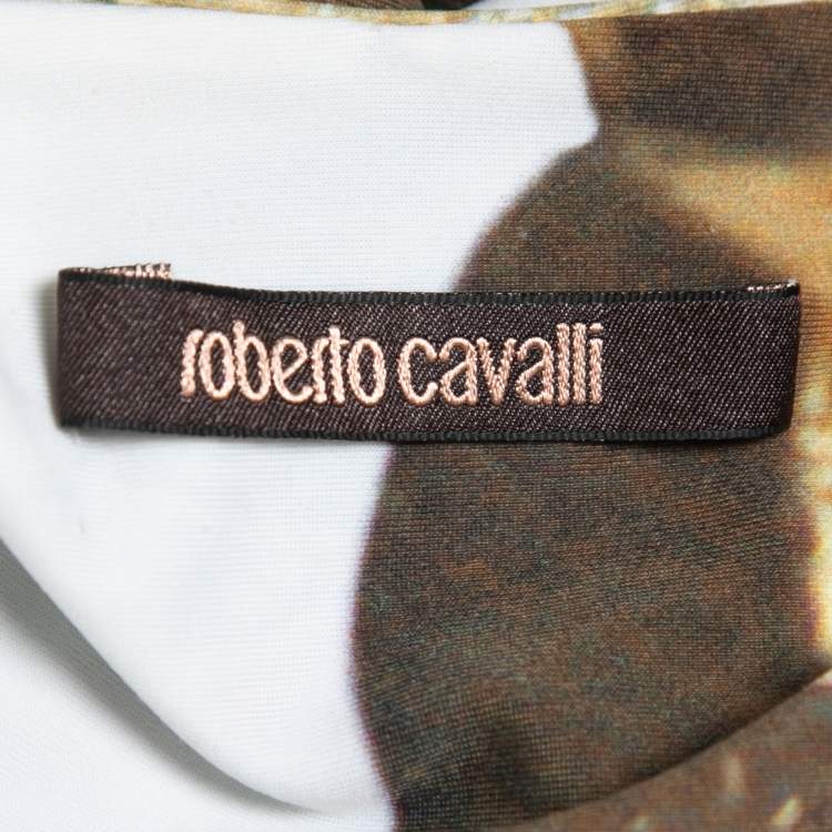 Pre Owned Roberto Cavalli Cream Printed Jersey Flared Maxi Skirt M
