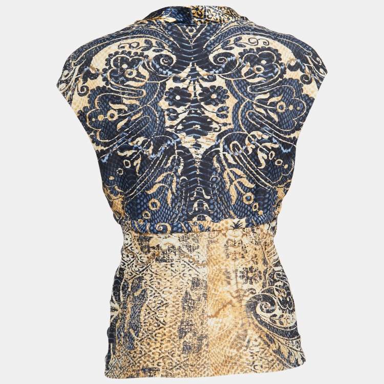 مملوكة مسبقًا Roberto Cavalli Multicolor Printed Jersey Velvet Trimmed Tie Front Top M