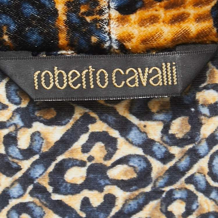 مملوكة مسبقًا Roberto Cavalli Multicolor Printed Jersey Velvet Trimmed Tie Front Top M