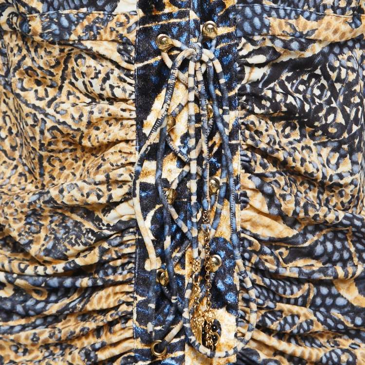 مملوكة مسبقًا Roberto Cavalli Multicolor Printed Jersey Velvet Trimmed Tie Front Top M