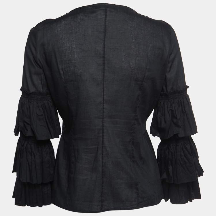 Pre Owned Roberto Cavalli Black Cotton Frill Detail Button Front Long Sleeve Top M