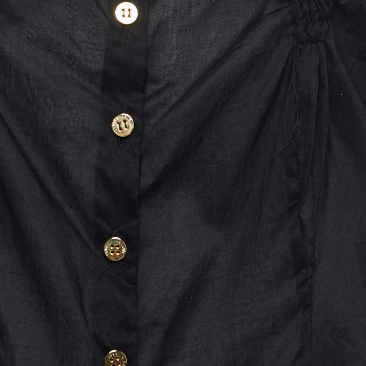 Pre Owned Roberto Cavalli Black Cotton Frill Detail Button Front Long Sleeve Top M