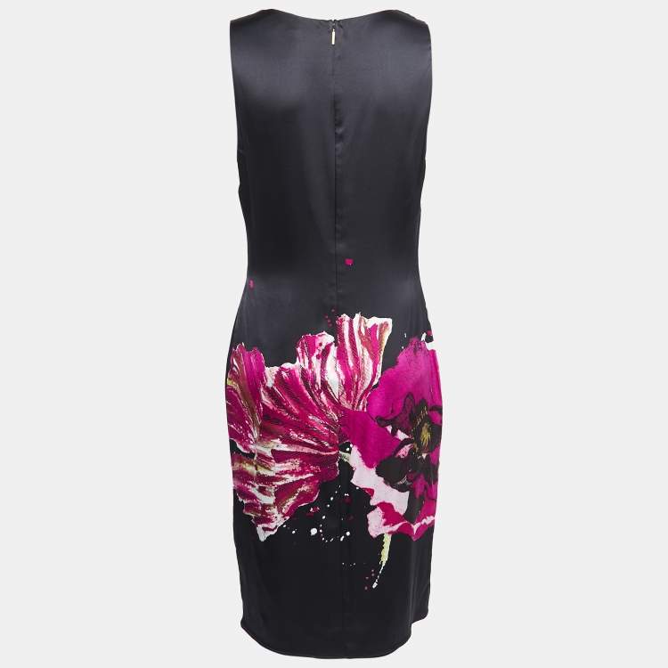 Pre Owned Roberto Cavalli Black Floral Print Silk Satin V-Neck Sleeveless Short Dress L
