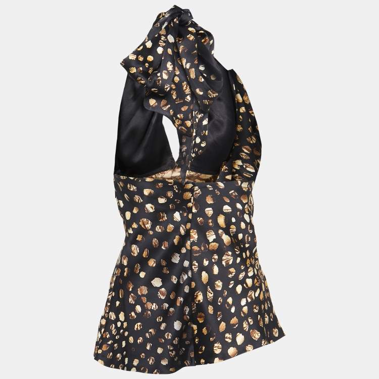 Pre Owned Roberto Cavalli Black Printed Silk Satin Halter Neck Top L