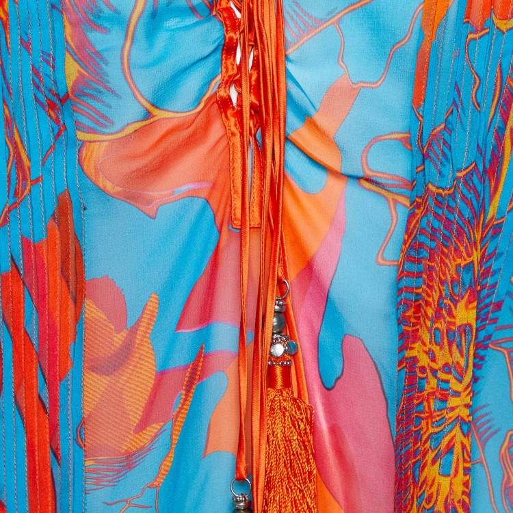 Pre Owned Roberto Cavalli Multicolor Printed Silk Sheer Kaftan Top L