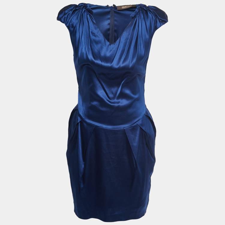 Pre Owned Roberto Cavalli Blue Satin Silk V Neck Pleated Short Dress S