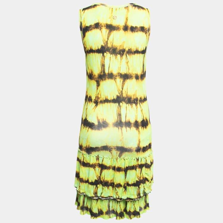 Pre Owned Roberto Cavalli Neon Green/Yellow Abstract Print Jersey Frilled Sleeveless Short Dress S