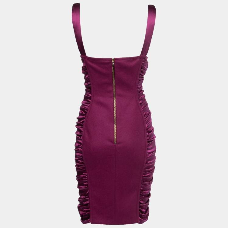 مملوكة مسبقًا Roberto Cavalli Purple Silk & Wool Ruched Bodycon Mini Dress M