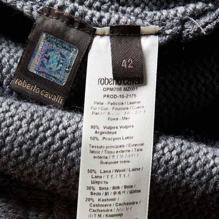 Pre Owned Roberto Cavalli Grey Wool & Silk Knit Fur Collar Sweater M