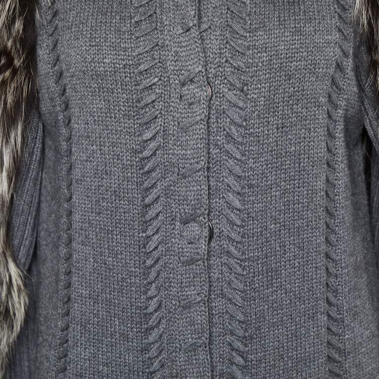 Pre Owned Roberto Cavalli Grey Wool & Silk Knit Fur Collar Sweater M