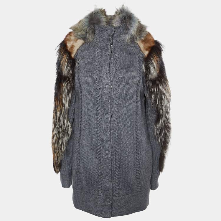 Pre Owned Roberto Cavalli Grey Wool & Silk Knit Fur Collar Sweater M