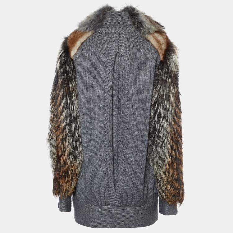 Pre Owned Roberto Cavalli Grey Wool & Silk Knit Fur Collar Sweater M