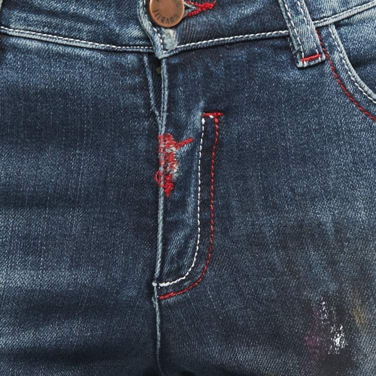 مملوكة مسبقًا Roberto Cavalli Navy Blue Printed Denim Jeans S