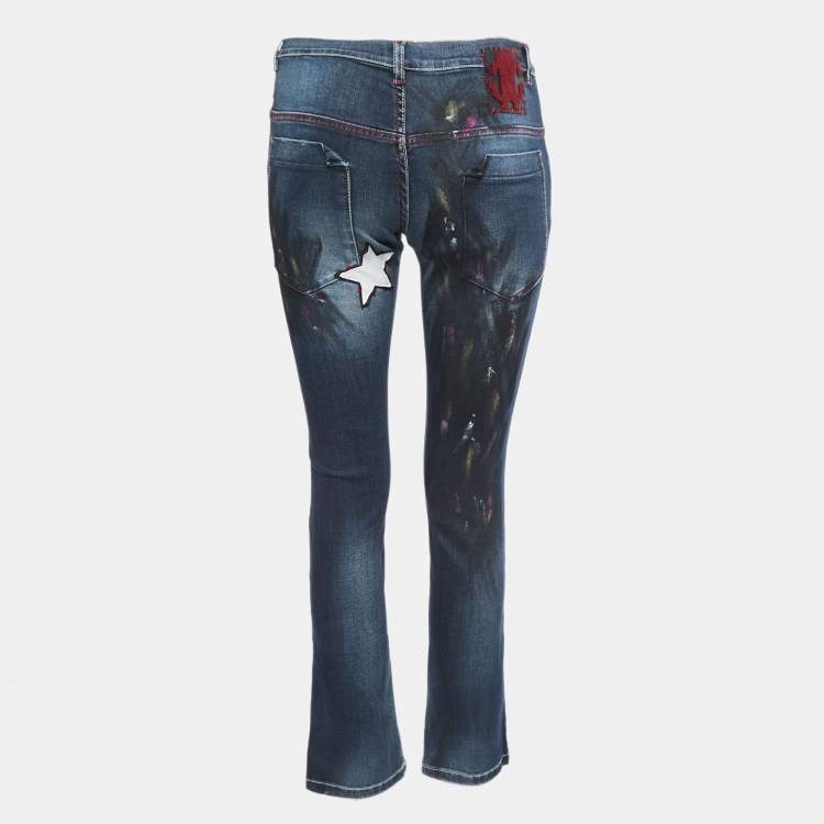 مملوكة مسبقًا Roberto Cavalli Navy Blue Printed Denim Jeans S