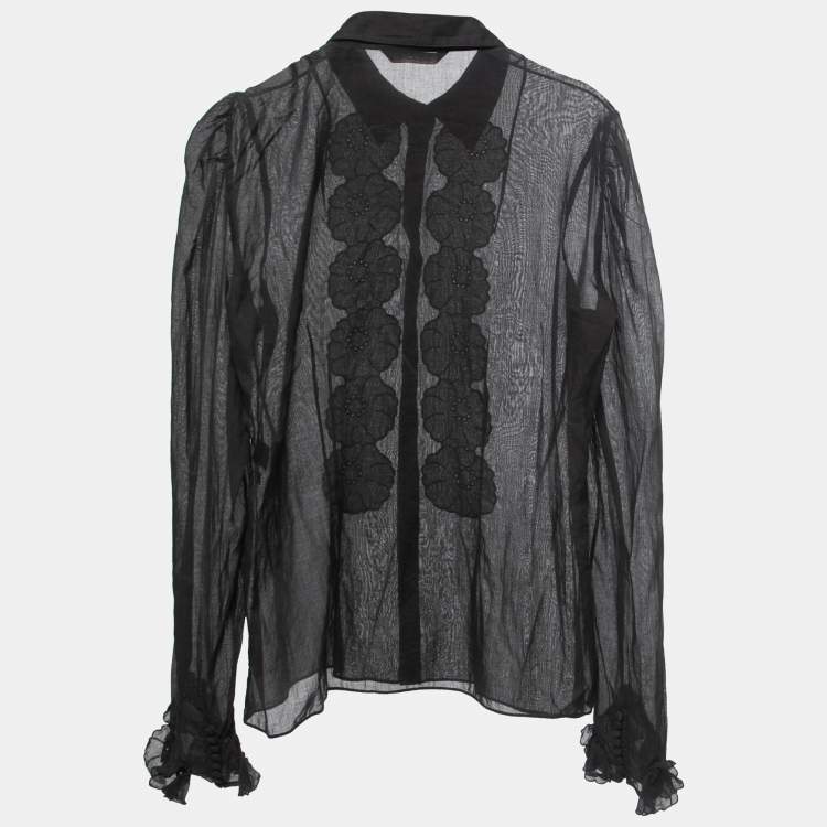 Pre Owned Roberto Cavalli Black Cotton Floral Detail Button Down Shirt L