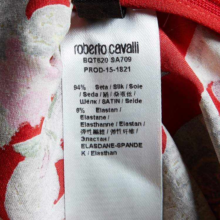 Pre Owned Roberto Cavalli Red Printed Silk Satin Ruched Sleeveless Top S