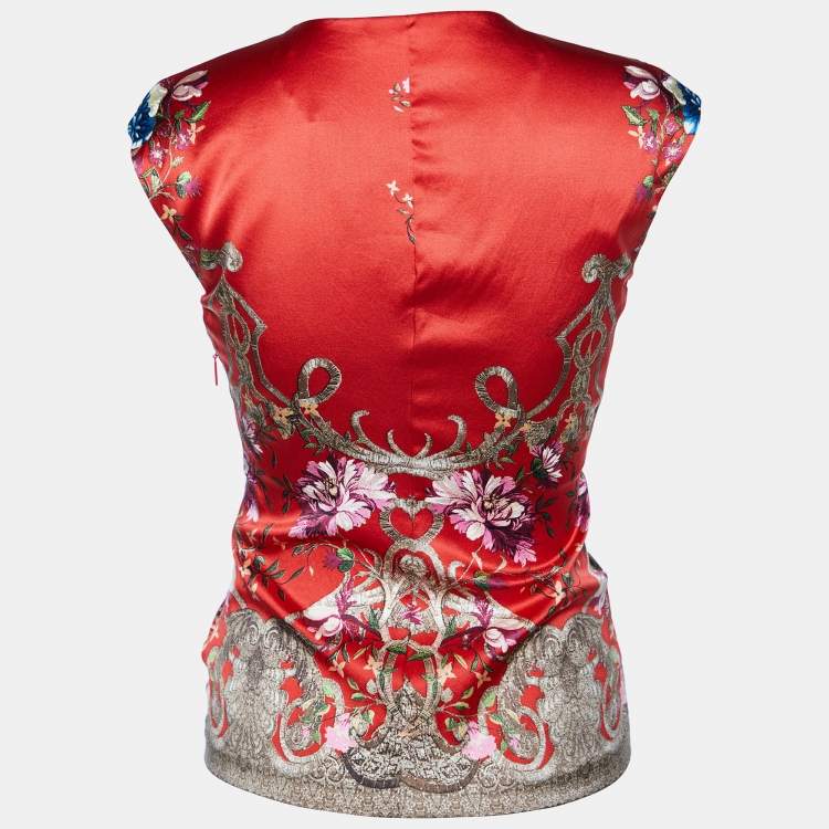 Pre Owned Roberto Cavalli Red Printed Silk Satin Ruched Sleeveless Top S