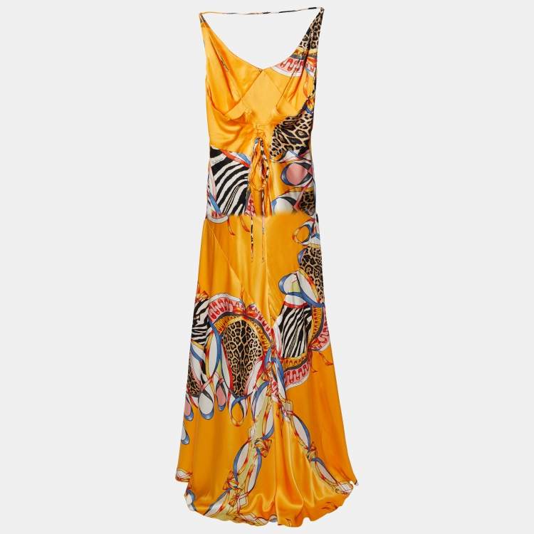 Pre Owned Roberto Cavalli Yellow Printed Silk Satin Maxi Dress XL