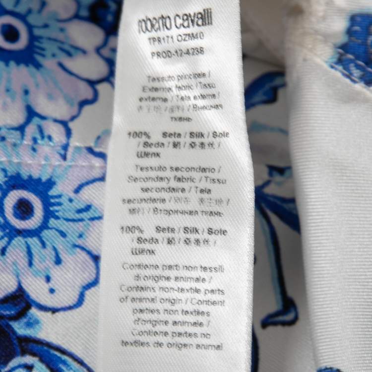مملوكة مسبقًا Roberto Cavalli White/Blue Floral Printed Silk Lace Trimmed Mini Dress S