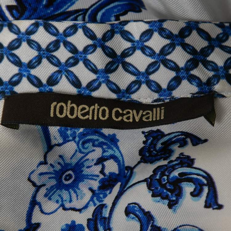 مملوكة مسبقًا Roberto Cavalli White/Blue Floral Printed Silk Lace Trimmed Mini Dress S