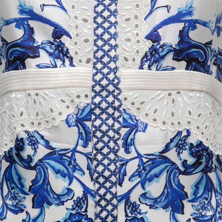 مملوكة مسبقًا Roberto Cavalli White/Blue Floral Printed Silk Lace Trimmed Mini Dress S
