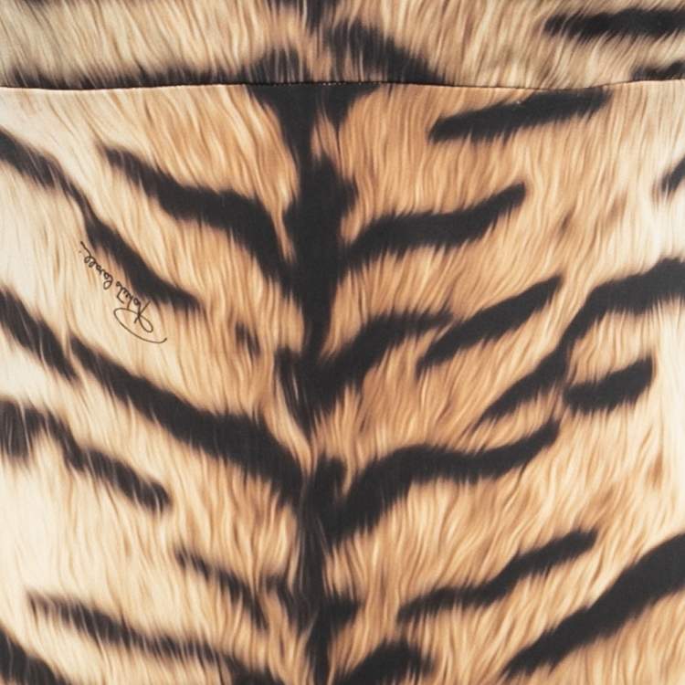 Pre Owned Roberto Cavalli Brown/Black Animal Print Jersey Lace Trimmed Plunge Neck Maxi Dress M