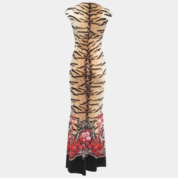 Pre Owned Roberto Cavalli Brown/Black Animal Print Jersey Lace Trimmed Plunge Neck Maxi Dress M