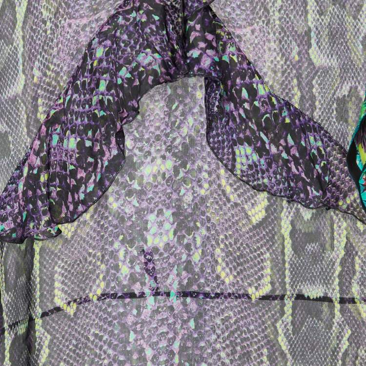 Pre Owned Roberto Cavalli Multicolor Printed Silk Ruffle Detail Maxi Dress S