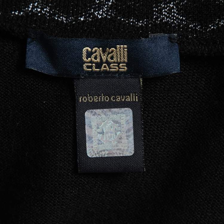 Pre Owned Class by Roberto Cavalli Black Wool & Printed Silk V-Neck Sweater S 