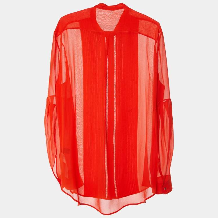 Pre Owned Roberto Cavalli Coral Red Silk Pintuck Detail Button Front Shirt L