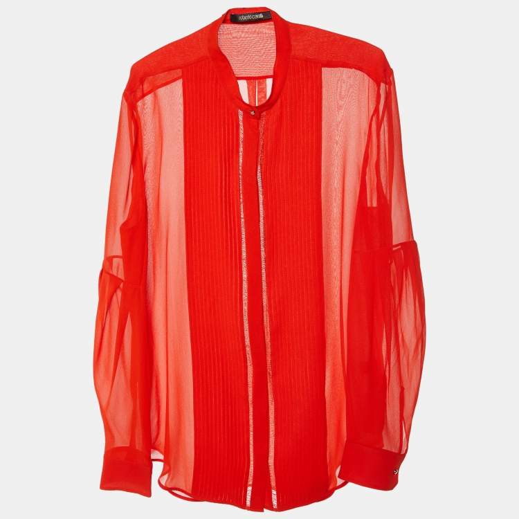 Pre Owned Roberto Cavalli Coral Red Silk Pintuck Detail Button Front Shirt L
