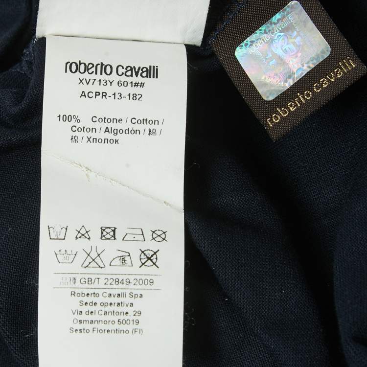 Pre Owned Roberto Cavalli Navy Blue Logo Print Cotton V-Neck Half Sleeve T-Shirt M