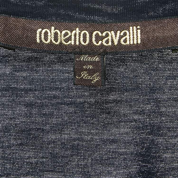 Pre Owned Roberto Cavalli Navy Blue Logo Print Cotton V-Neck Half Sleeve T-Shirt M