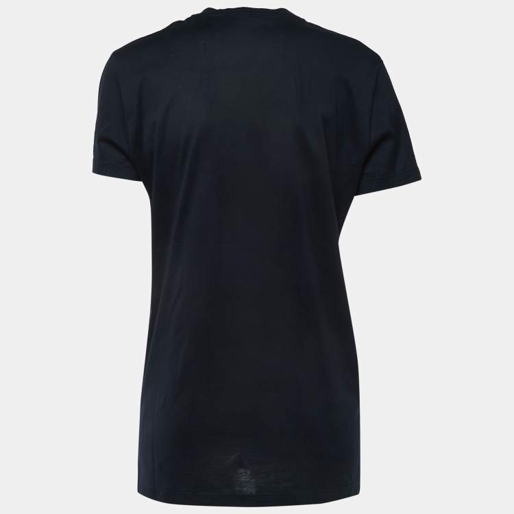 Pre Owned Roberto Cavalli Navy Blue Logo Print Cotton V-Neck Half Sleeve T-Shirt M