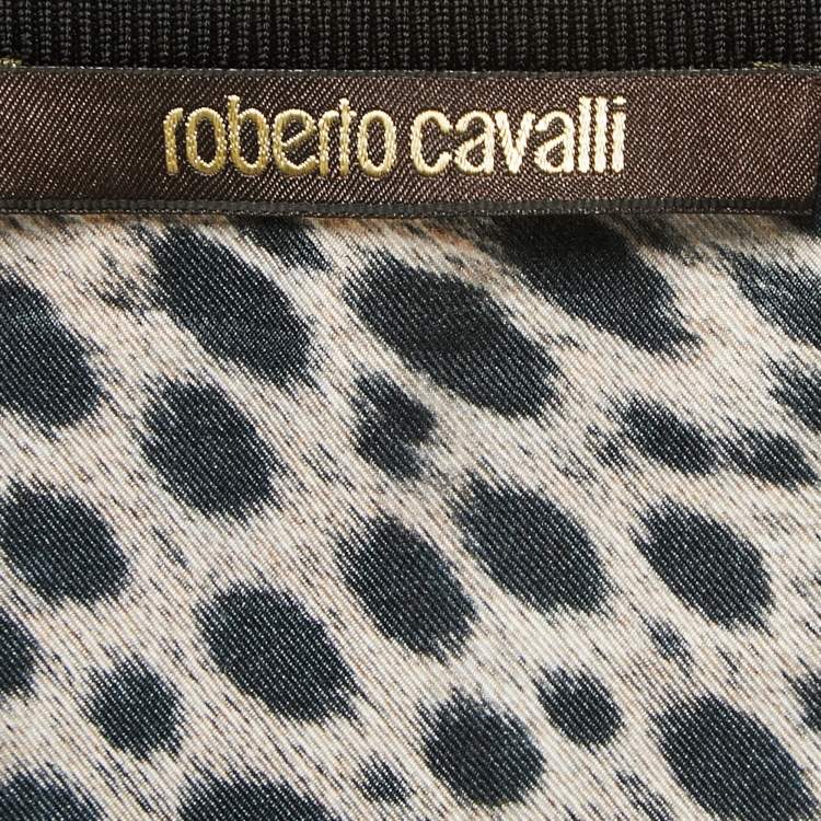 Pre Owned Roberto Cavalli Black Leopard Print Silk Short Sleeve Blouse M