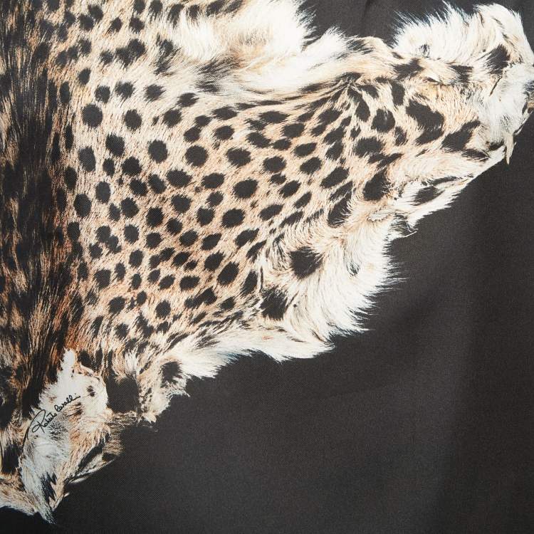 Pre Owned Roberto Cavalli Black Leopard Print Silk Short Sleeve Blouse M