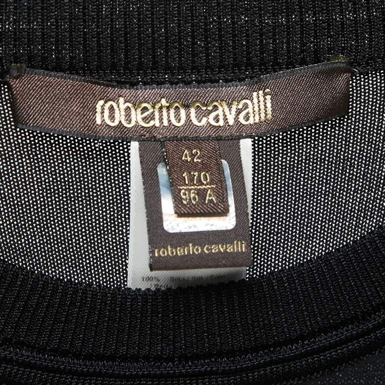 Pre Owned Roberto Cavalli Black Parrot Print Silk & Jersey Short Sleeve Top M