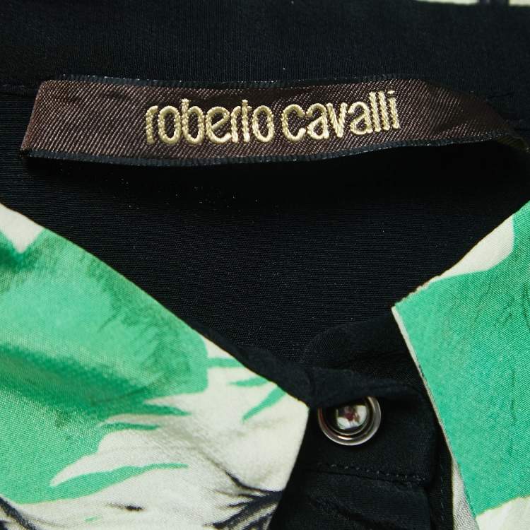 Pre Owned Roberto Cavalli Green Print Silk Button Front Long Sleeve Shirt Blouse S