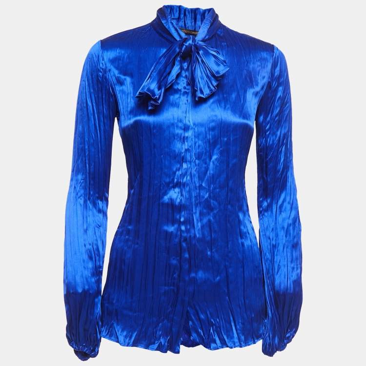 Pre Owned Roberto Cavalli Blue Satin Silk Pleated Tie-Neck Shirt S