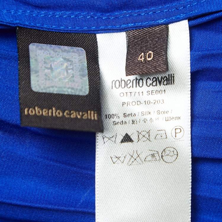 Pre Owned Roberto Cavalli Blue Satin Silk Pleated Tie-Neck Shirt S