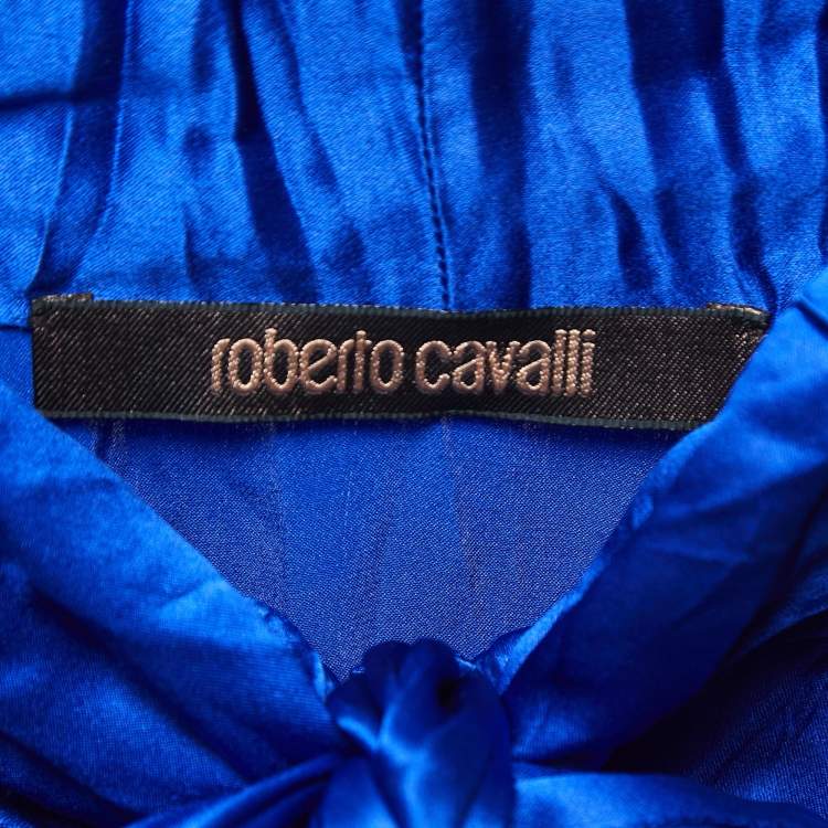 Pre Owned Roberto Cavalli Blue Satin Silk Pleated Tie-Neck Shirt S